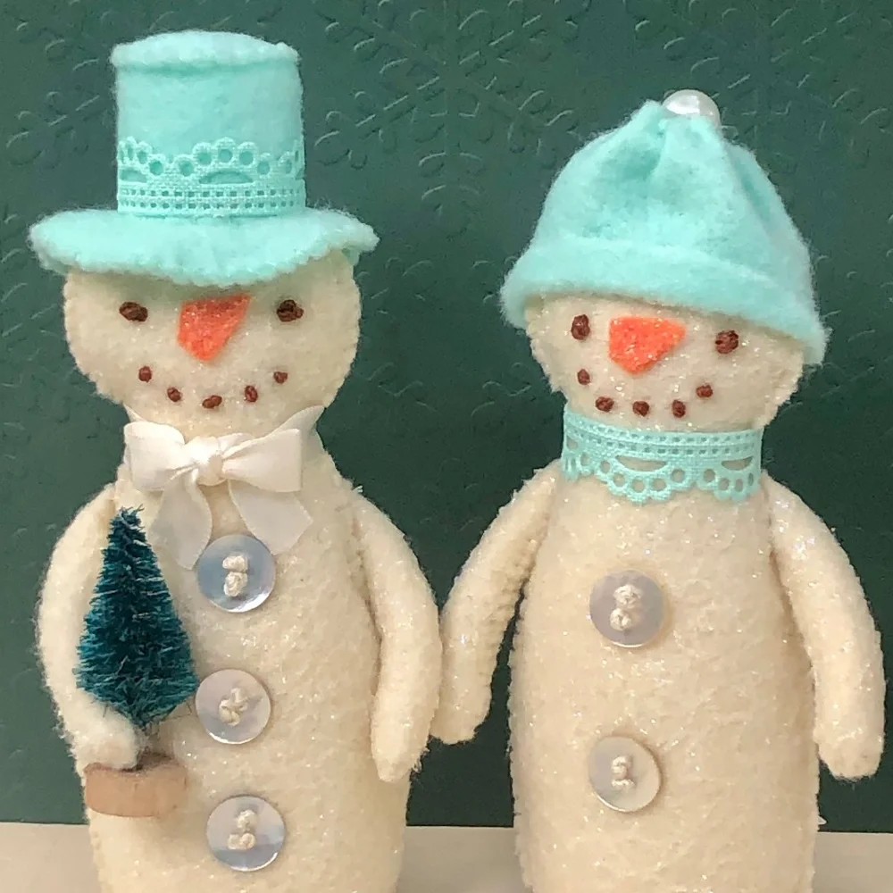 Snowman Art Doll Coastal Felt Hand-sewn aqua top hat handmade